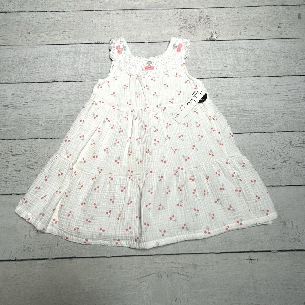 Nicole Miller Girls White Cherry Print Sundress Crochet Lace Collar 4T NWT